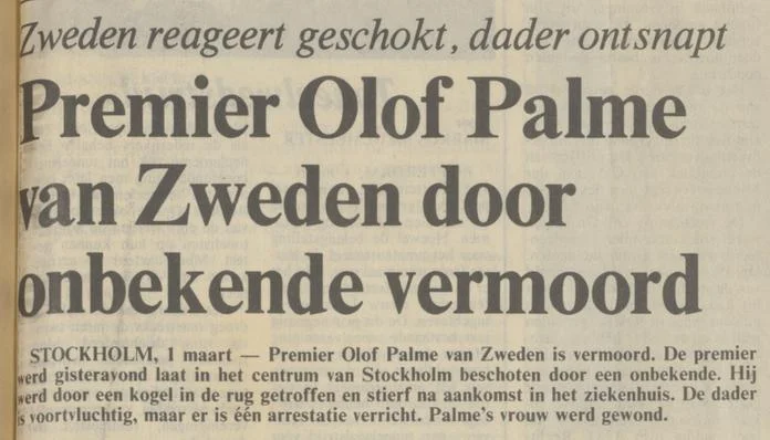 Bericht in NRC Handelsblad over de moord op Olof Palme - 1 maart 1986