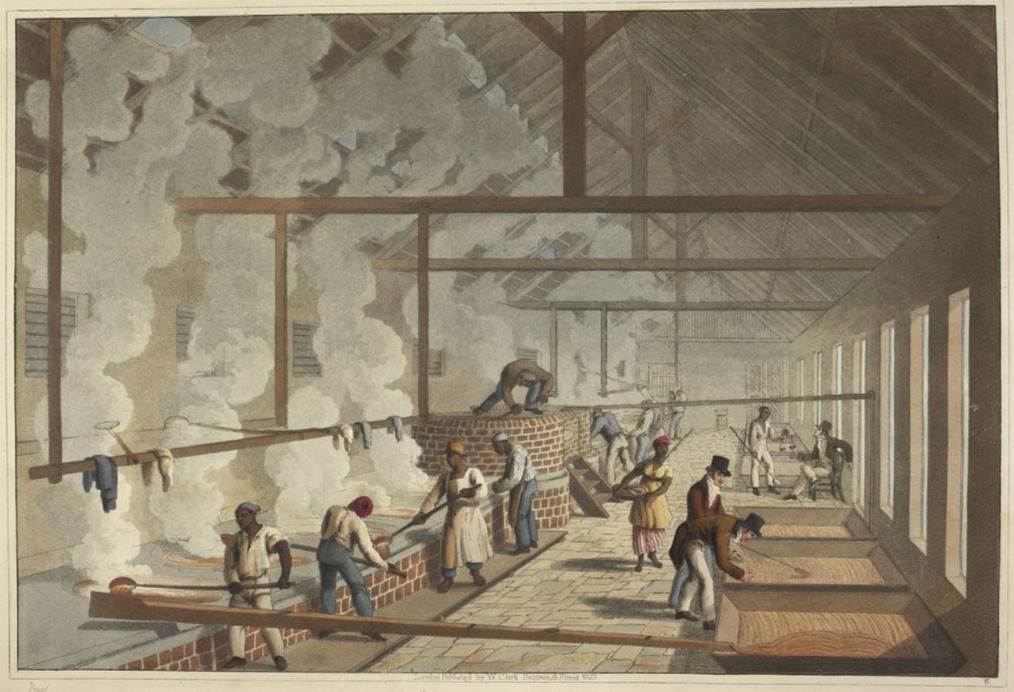 Slaven aan het werk in een 'boiling house' op Antigua, 1823 