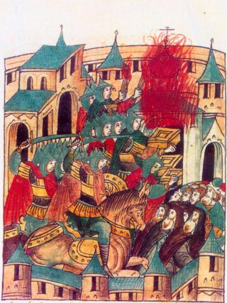 De verovering van de Russische stad Soezdal door de Mongoolse heerser Batu Khan, februari 1238
