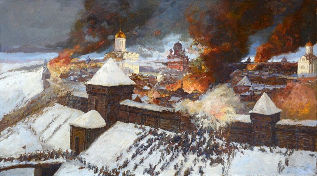 Verdediging van Ryazan. De eerste Russische stad die te maken kreeg met de binnenvallende Mongolen - Schilderij van A.N. Mironov