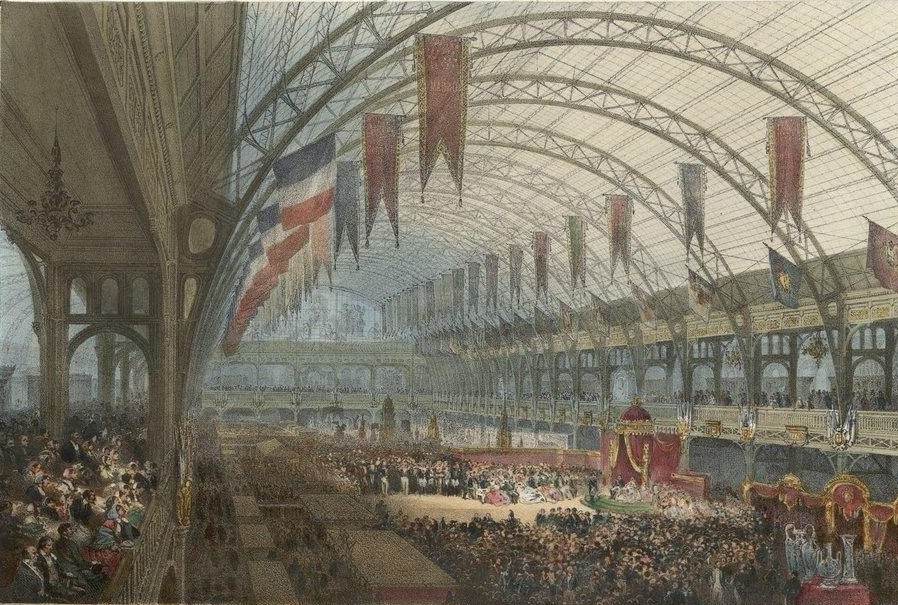 Opening van de wereldtentoonstelling van 1855 door Napoleon III in het Palais de l'Industrie - Ingekleuerde lithografie van Louis-Jules Arnout