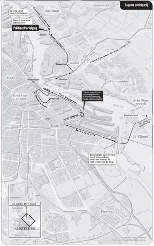 De route van de schietpartij. Uit: Bloedgabbers