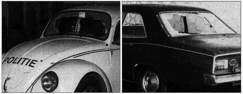 De achtervolging op 16 oktober 1977. Foto’s van de auto’s met kapotgeschoten ruiten: de gehavende politie-Kever en de teruggevonden Opel Rekord waarin Jan, Frans en Cor reden. (Collectie Sjerp Jaarsma). Uit: Bloedgabbers