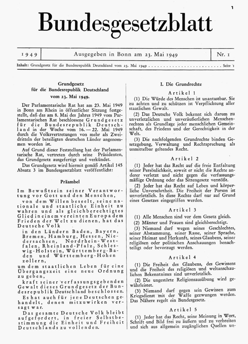 Publicatie van de nieuwe grondwet in de Duitse staatscourant (1949)