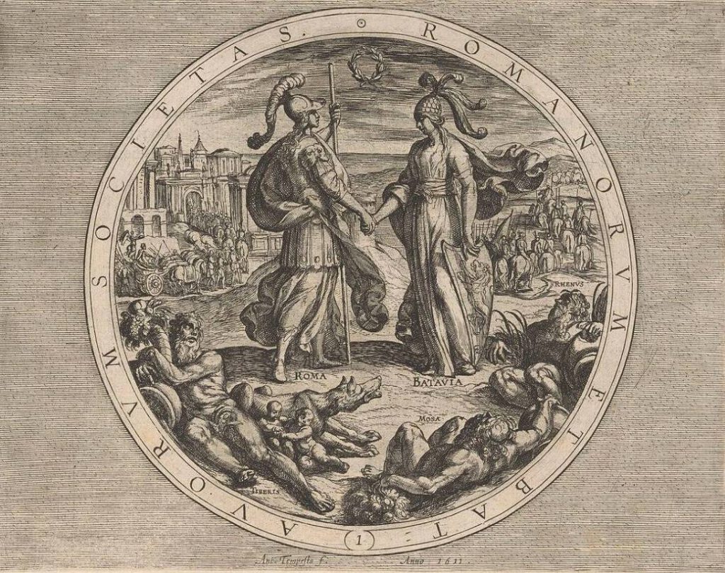 Roma en Batavia schudden elkaar de hand, 1611
