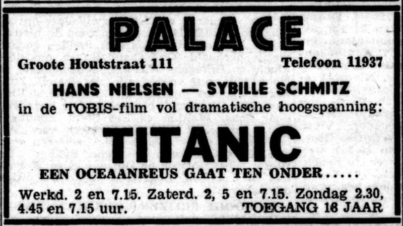 Bioscoopadvertentie uit een Nederlandse kranten uit 1944 voor ‘Titanic’. Bron: Delpher