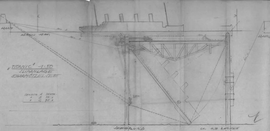 Bouwtekening van de constructie in de Scharmützelsee waarmee het model van de Titanic tot zinken kon worden gebracht. Bron: Collectie Malte Fiebing-Petersen