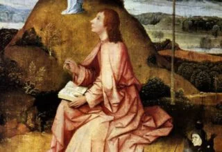 Johannes op Patmos. Fantasieschilderij uit ca. 1489 door Jheronimus Bosch