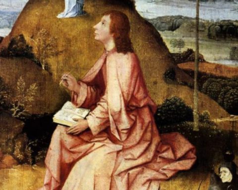 Johannes op Patmos. Fantasieschilderij uit ca. 1489 door Jheronimus Bosch