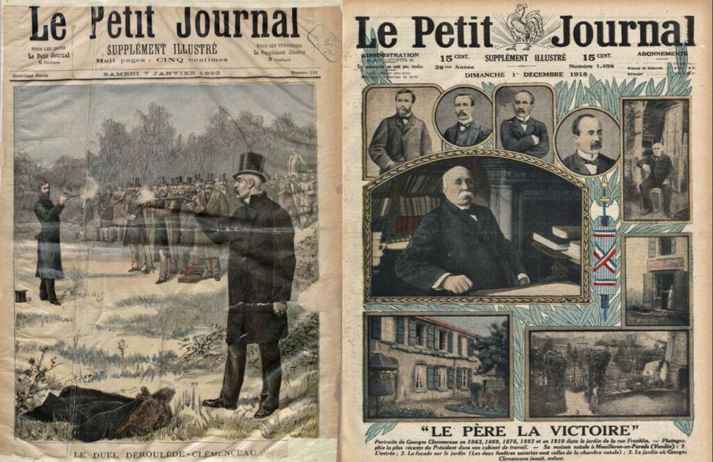 Clemenceau twee keer op de voorpagina van Le Petit Journal Illustré. Links, een tekening van zijn duel met Paul Déroulède in 1893, rechts als "vader van de overwinning" eind 1918