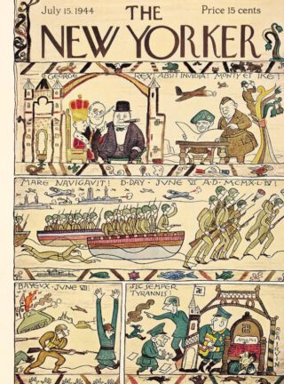 Voorpagina van ‘The New Yorker’ van 15 juli 1944, waarin het verhaal van D-Day wordt getoond, geïnspireerd op het Tapijt van Bayeux.