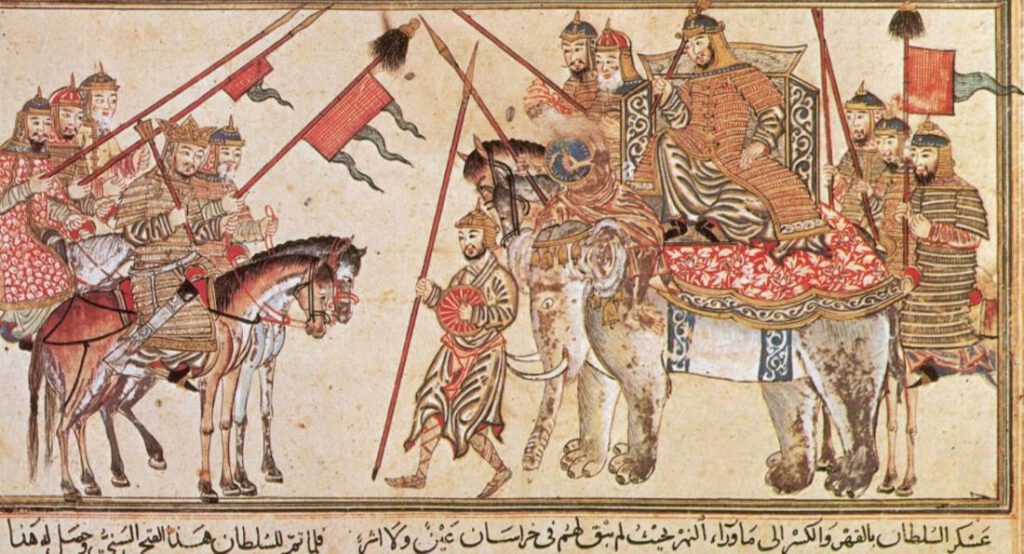De leider van de Karachaniden, Ilig Khan, geeft zich over aan Mahmud, trots gezeten op zijn olifant. Perzisch miniatuur schilderij uit de veertiende eeuw.