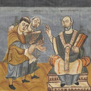 Alcuinus (midden), gesteund door Hrabanus Maurus, draagt zijn werk op aan aartsbisschop Otgar van Mainz