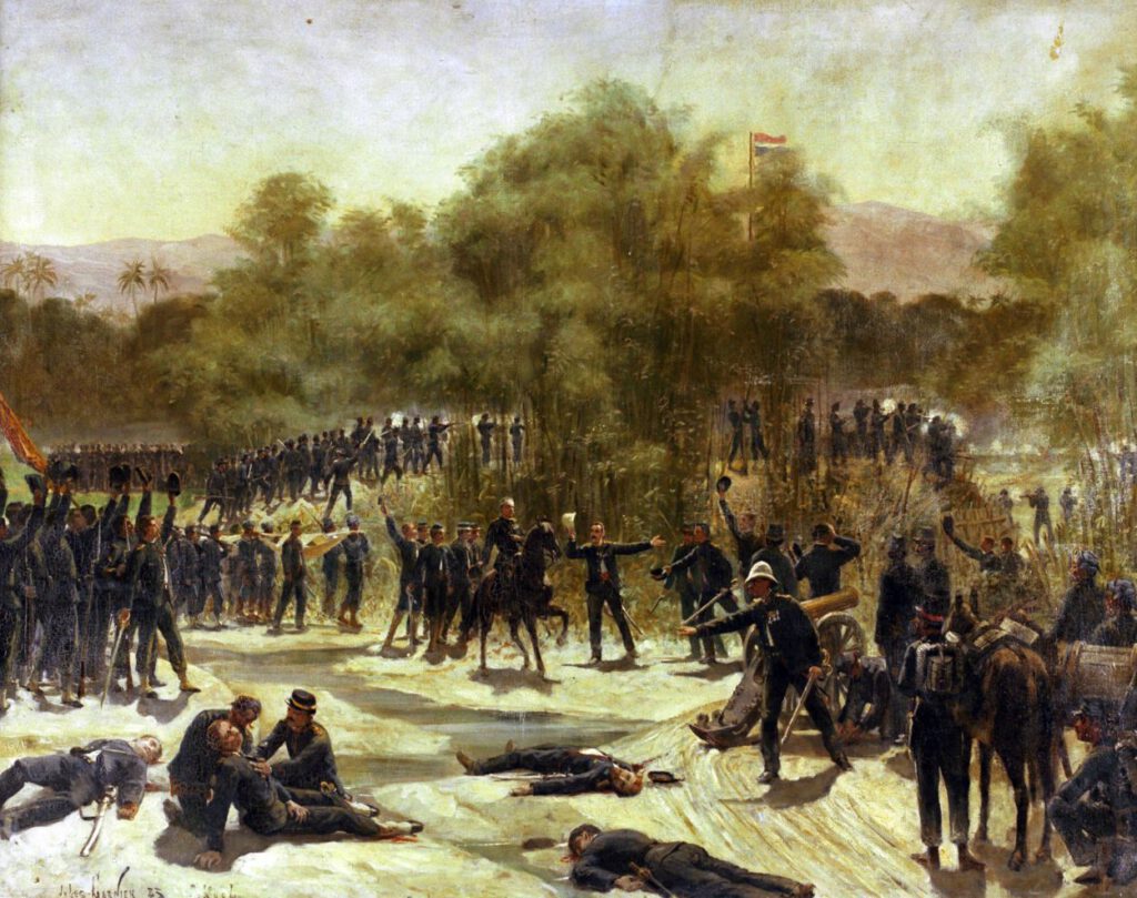 Samalanga 1878 - Centraal te paard: generaal Van der Heijden. Een geromantiseerde voorstelling. Schilderij van Jules Garnier. 