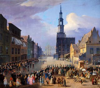 Zicht op het oude marktplein in Poznań in 1838 - Juliusz Knorr