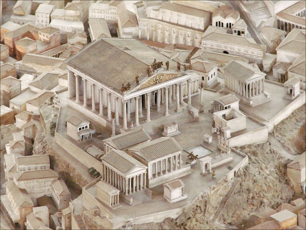 Maquette van het oude Rome met zicht op de tempel van Jupiter