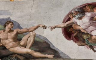 'De schepping van Adam' - Fresco van Michelangelo uit 1511. Verbeelding van het verhaal in Genesis.