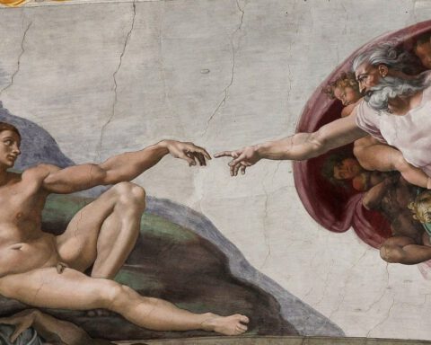 'De schepping van Adam' - Fresco van Michelangelo uit 1511. Verbeelding van het verhaal in Genesis.