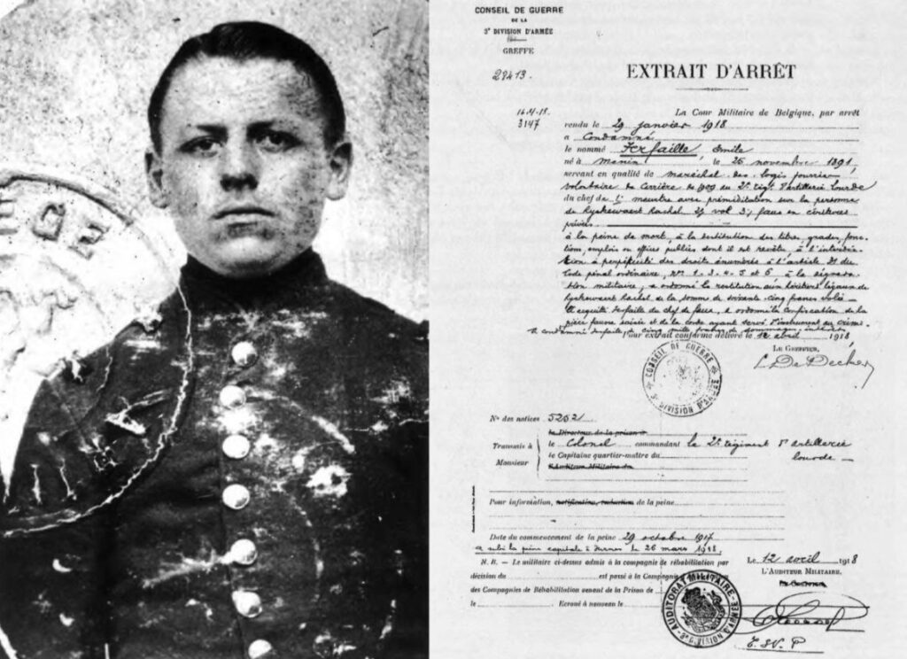 Foto van Ferfaille op zijn militaire identiteitskaar en zijn doodvonnis