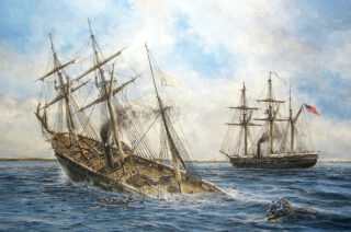 Het tot zinken brengen van de CSS Alabama door de USS Kearsarge voor de haven van Cherbourg op 19 juni 1864.