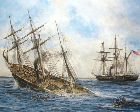 Het tot zinken brengen van de CSS Alabama door de USS Kearsarge voor de haven van Cherbourg op 19 juni 1864.
