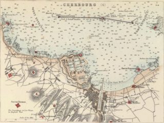 Kaart van de haven van Cherbourg uit 1872, met daarop de havendam die voorzien was van drie forten.