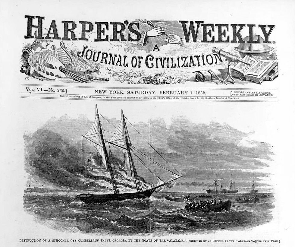 Krantenkop met berichtgeving over een schoener die door de CSS Alabama tot zinken werd gebracht. 