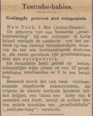 Bericht over proefbuisbaby's in 'De locomotief', 03-05-1934 