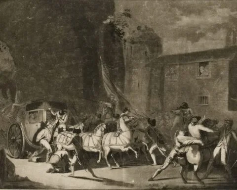 Arrestatie van de koninklijke familie, onder het gewelf in de buurt van de kerk van Saint-Gengoult in Varennes door de nationale garde en burgers, op de avond van 22 juni 1791