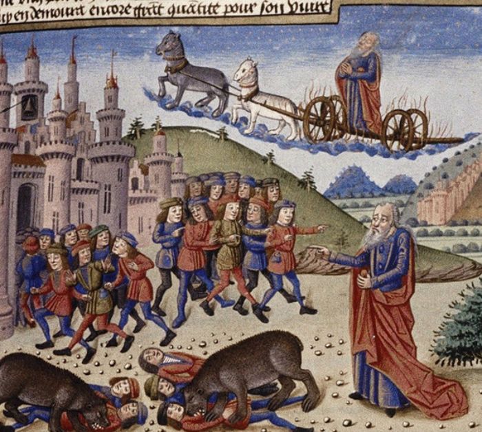 Twee beren storten zich op kinderen die Elisa uitscholden. Bovenaanm een afbeelding van de profeet Elia die in een vliegende wagen wordt weggevoerd - Frans manuscript uit 1453