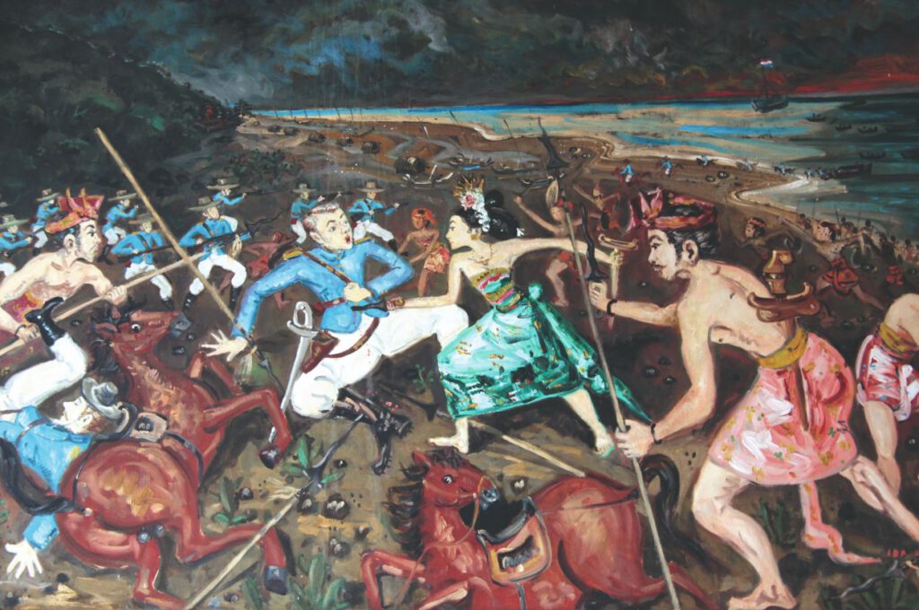 Balinees schilderij van de Kusumba-oorlog in 1849. In het midden de zus van de vorst, Ida Dewa Agung Istri Kanya, in een heldenrol. (Anne-Lot Hoek)