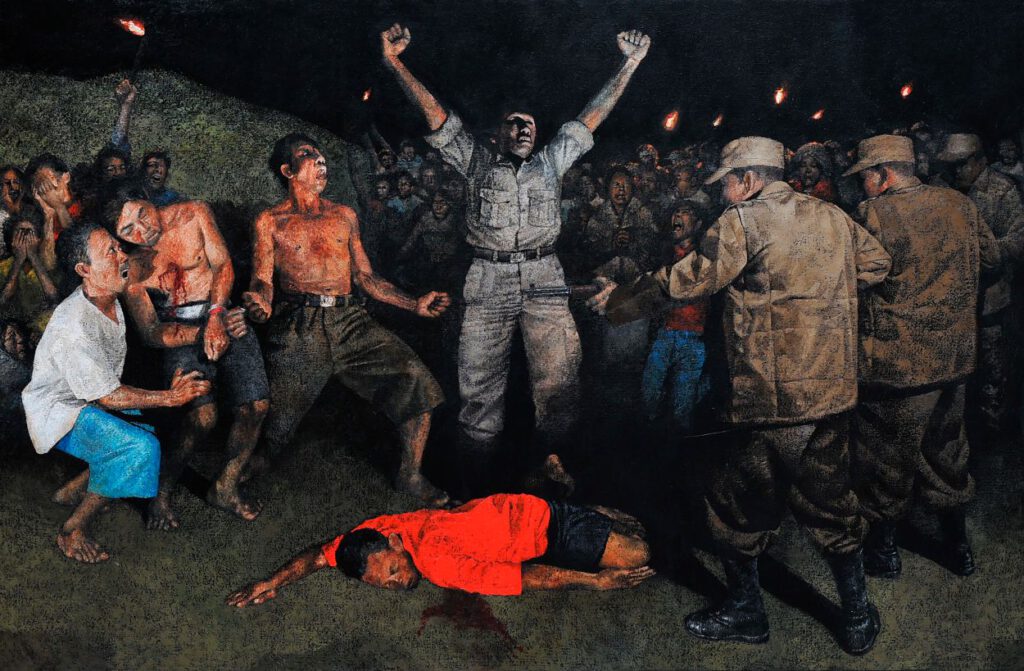 In 2014 maakte Mangu Putra het schilderij ‘Eksekusi Letda Reta’ dat de executie verbeeldt van zijn oom Anak Agung Alit Reda door Nederlandse troepen in 1946. (Mangu Putra) 