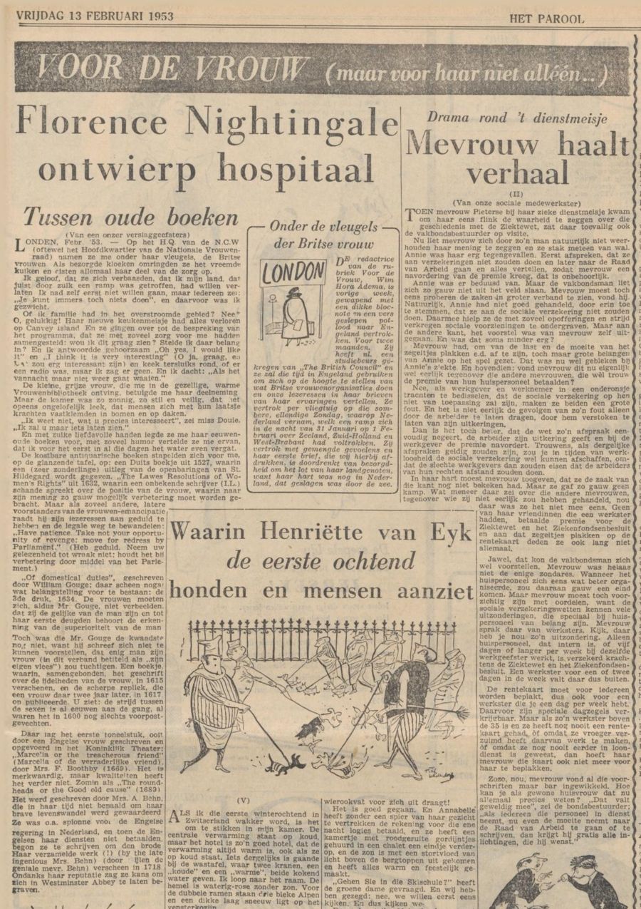 Door Wim Hora Adema verzorgde vrouwenpagina in Het Parool, 13-02-1953 