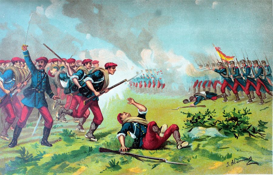 Tijdens de Derde Carlistenoorlog waren de Baskische strijders herkenbaar aan hun rode baretten, 1873