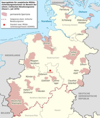 Kaart met gebieden in de Britse bezettingszones die permanent niet toegankelijk waren voor Russische liaison-teams 
