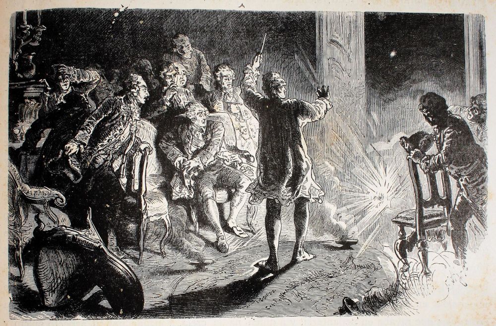 Negentiende-eeuwse afbeelding van een optreden van Cagliostro in Dresden