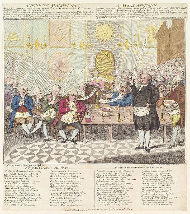 Satirische afbeelding van Cagliostro tijdens een vrijmetselaars-bijeenkomst in Londen - James Gillray, 1786