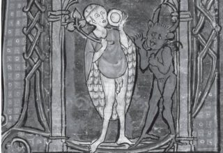 Initiaal met een demon en zijn slachtoffer in een getijdenboek uit Atrecht