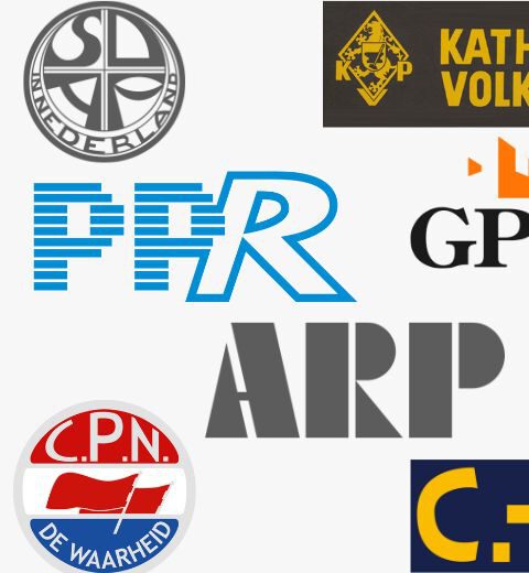 Enkele logos van partijen die tijdens fusies opgegaan zijn in andere partijen