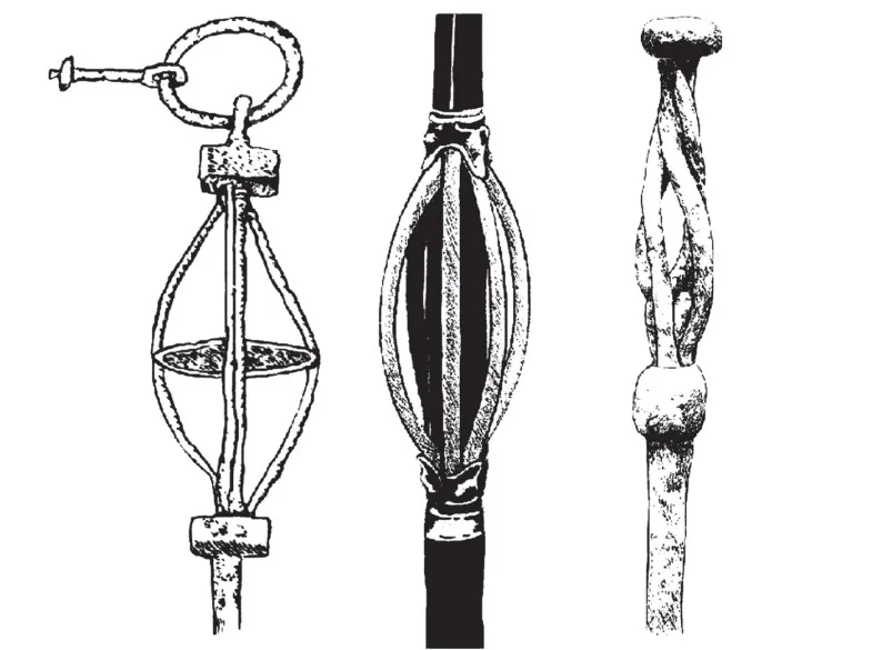 IJzeren toverstaven van vrouwengraven uit Søreim en Klinta (Zweden) en Fuldby (Denemarken). Uit: Indiculus
