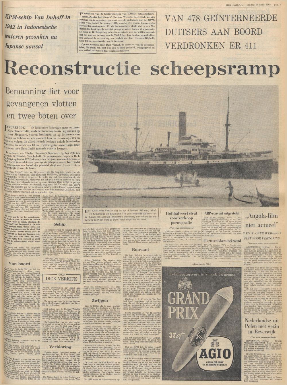 Op 16 april 1965 publiceerde Het Parool Dick Verkijks bevindingen die de Vara-leiding niet wilde uitzenden. (Delpher)