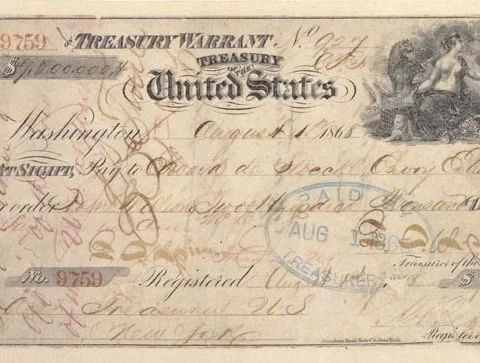 Bankcheque №9759 van 1 augustus 1868 ter waarde van 7,2 miljoen dollar voor de aankoop van het Alaska-territorium, ‘te betalen aan (de Russische afgevaardigde) baron Édouard de Stoeckl’ (Bron: nationaal archief van de Verenigde Staten, publiek domein