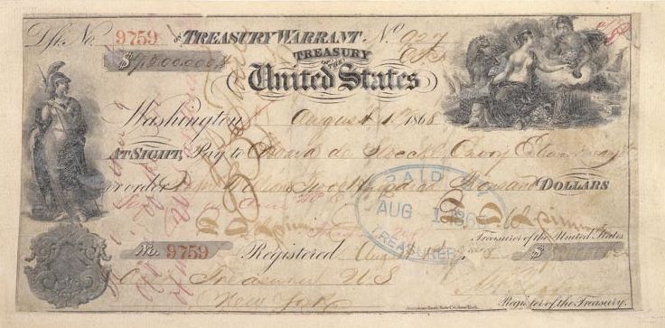 Bankcheque №9759 van 1 augustus 1868 ter waarde van 7,2 miljoen dollar voor de aankoop van het Alaska-territorium, ‘te betalen aan (de Russische afgevaardigde) baron Édouard de Stoeckl’ (Bron: nationaal archief van de Verenigde Staten, publiek domein 