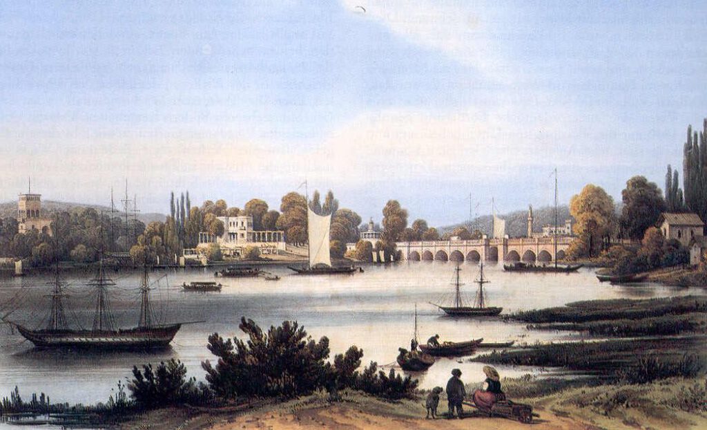 De oude Glienicker Brücke op een schilderij van Franz Xaver Sandmann, 1845