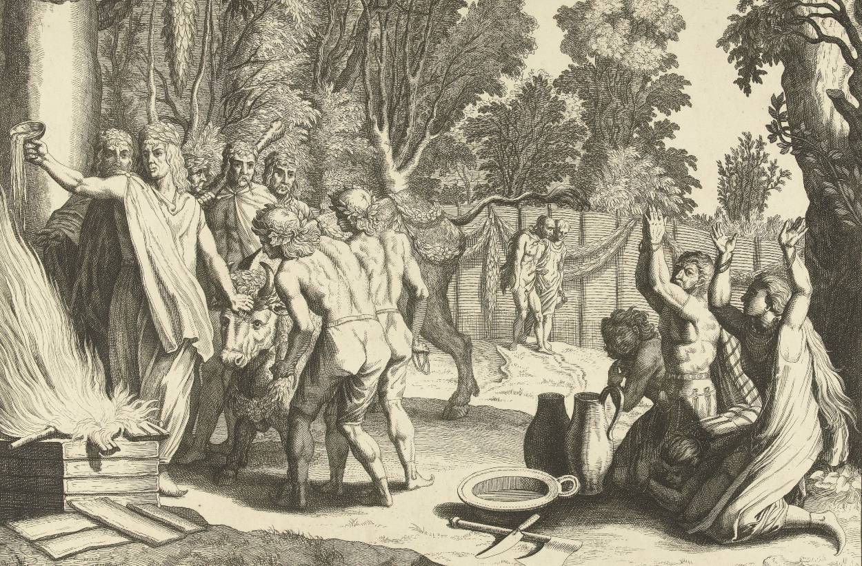 Germanen tijdens een offerritueel - Cornelis Huyberts, naar Simon Frisius, 1700-1709