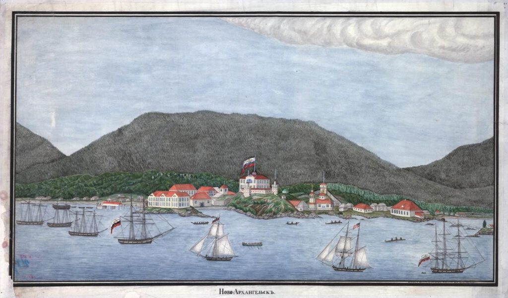 Zicht op de nederzetting Novo-Archangelsk (het huidige Sitka), de hoofdplaats van Russisch Alaska van 1808 tot 1867, in 1837 door Alexander Olgin (Bron: staatsarchief van de Russische zeemacht, publiek domein).