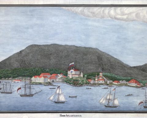 Zicht op de nederzetting Novo-Archangelsk (het huidige Sitka), de hoofdplaats van Russisch Alaska van 1808 tot 1867, in 1837 door Alexander Olgin (Bron: staatsarchief van de Russische zeemacht, publiek domein).