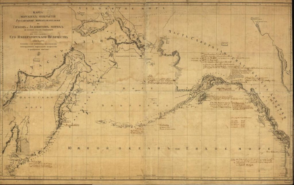 Russische kaart door Alexander Wilbrecht uit 1802 van ‘de open Russische maritieme ruimtes in de Ijszee en de Stille Zee’ op het maritieme raakpunt van Eurazië en Amerika. Alaska staat rechts aangeduid als ‘deel van de noordwestelijke Amerikaanse kust’