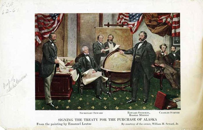 Prent van de ondertekening van het aankoopverdrag van Alaska door de VS op 30 maart 1867