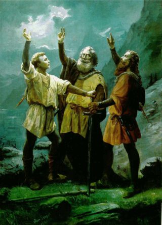 Negentiende-eeuws schilderij van het ontstaan van het 'Eidgenossenschaft' (Eedgenootschap) op de weide de Rütli aan het meer van Luzern.